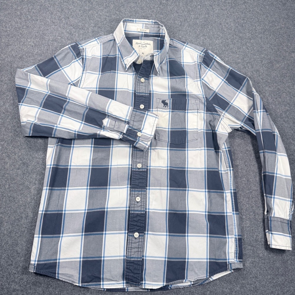 Abercrombie & Fitch Mens XL Muscle Fit Plaid Button Down Shirt Blue White Cotton
